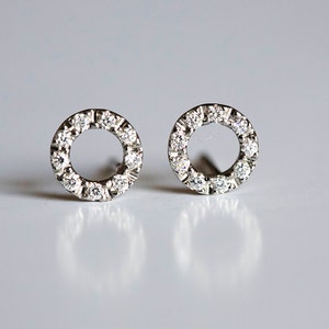 Diamond Circle Earrings, Simple Halo Studs, Delicate & Dainty Studs, Modern Everyday Earrings by capucinne image 2