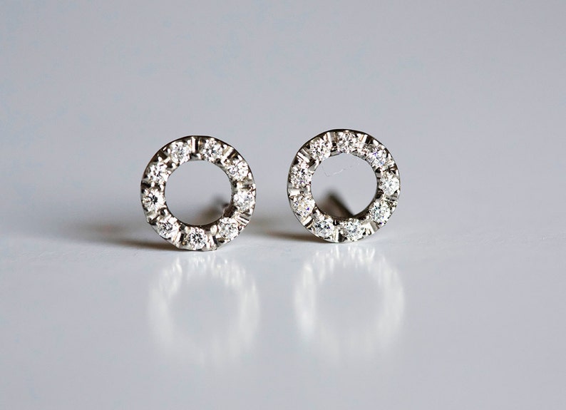 Diamond Circle Earrings, Simple Halo Studs, Delicate & Dainty Studs, Modern Everyday Earrings by capucinne image 2