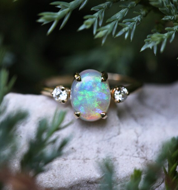 Gold Opal Ring Opal Engagement Ring Opal Diamond Ring Unique