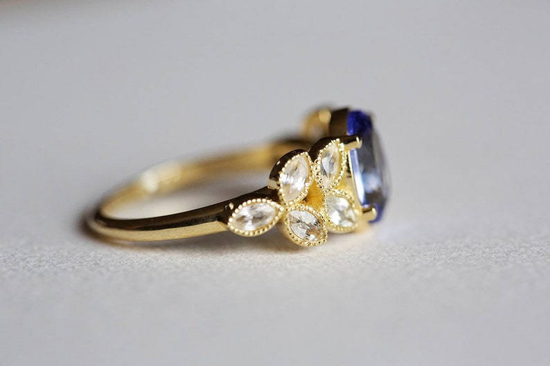 Oval Engagement Ring, Tanzanite Ring, Petal Ring, White Sapphire Ring image 4