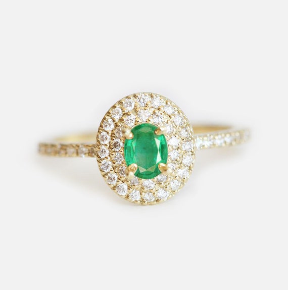 Half Carat Oval Green Emerald and Double White Diamond Halo | Etsy