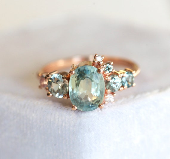 Light green sapphire engagement ring cluster ring Oval Etsy