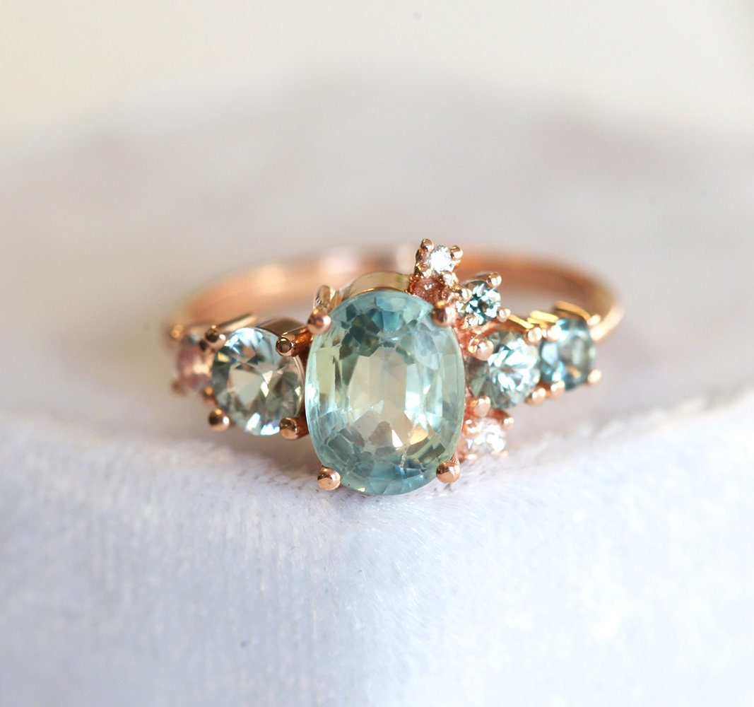 Light green sapphire engagement ring cluster ring Oval Etsy