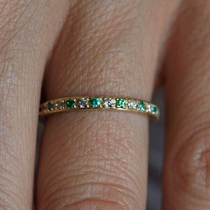 Diamond and Emerald Wedding Ring, Emerald Wedding Band, Pave Diamond Ring, Gold Emerald Ring, 18k Yellow Gold Wedding Ring image 6