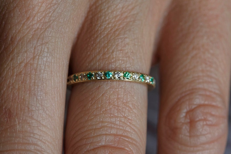 Diamond and Emerald Wedding Ring, Emerald Wedding Band, Pave Diamond Ring, Gold Emerald Ring, 18k Yellow Gold Wedding Ring image 6