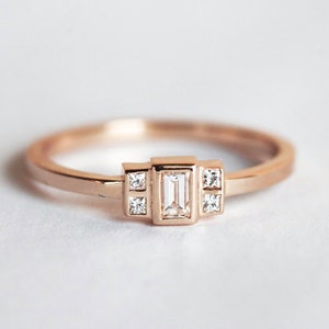 Diamond engagement ring, Baguette cut art deco ring, Modern wedding ring, Accent princess diamonds image 4