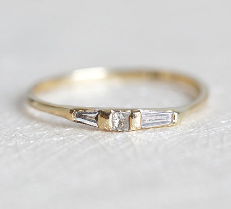 Thin Yellow Gold Band with Baguette Diamonds, Princess Diamond Ring, Baguette diamond ring, yellow gold ring, Rose gold Ring, White gold image 1