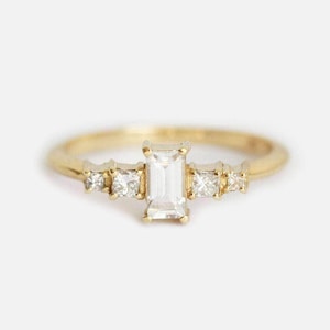 Baguette White Sapphire Engagement Ring: 14k Yellow Gold, Princess Cut Diamond
