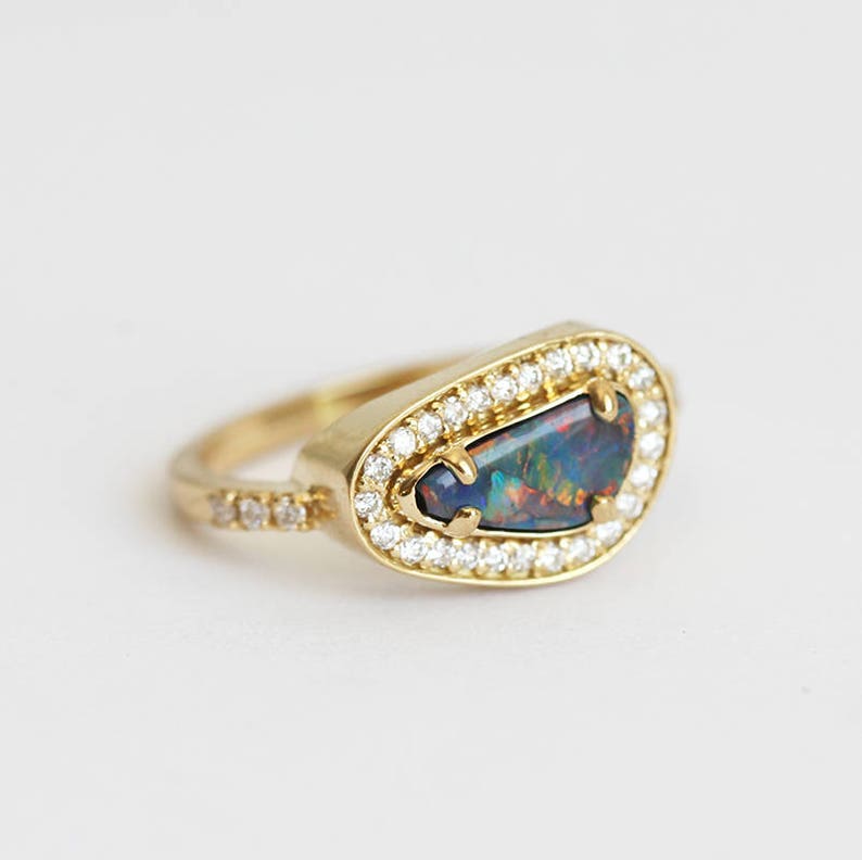 Asymmetrical Australian Black Opal and Diamond Halo Ring in 18k Solid Yellow Gold, One of a Kind Ring with a Bezel Setting image 7