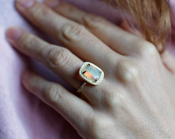 Opal Diamond Engagement Ring Halo and Half Eternity Ring Large