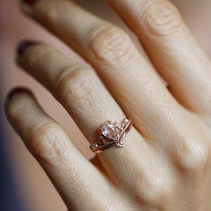 Morganite Ring, Vintage Morganite Ring, Tiara Ring, Pear Morganite Ring, Rose Gold Engagement Ring Set, Engagement Set, Wedding Ring Set image 9