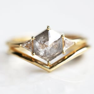 Salt and Pepper diamond engagement ring set, 14k 18k Gold Hexagon Diamond Ring Set, Salt Pepper Bridal Ring Set