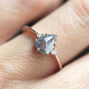 Salt Pepper Diamond Ring, Salt and Pepper Engagement Ring, Pear Diamond Ring, Three stone ring