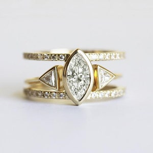 Blue Sapphire Engagement Set, Marquise Wedding Ring, Open triangle diamond band image 2