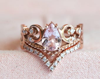 Set of Pear Morganite and Diamond Matching Band in 14k or 18k Solid Gold with an 8mm Four Prong Set Center Stone