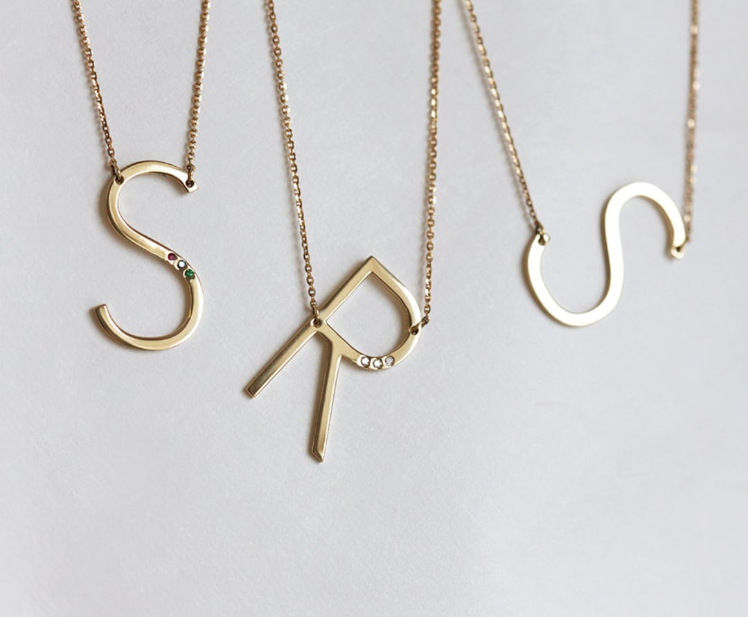 Large Initial Necklace, Stainless Steel, Big Letter Necklace, Sideways Initial  Necklace, Oversized Initial Necklace, Alphabet Necklace - Etsy | Sideways initial  necklace, Initial necklace, Sterling silver monogram necklace