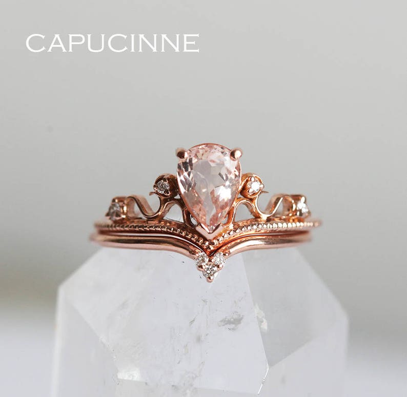 Morganite Ring, Vintage Morganite Ring, Tiara Ring, Pear Morganite Ring, Rose Gold Engagement Ring Set, Engagement Set, Wedding Ring Set image 8