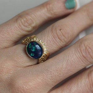 Black Opal Ring Set, Black Opal Engagement Ring, Opal Wedding Ring Set for Her, Lace Ring image 2