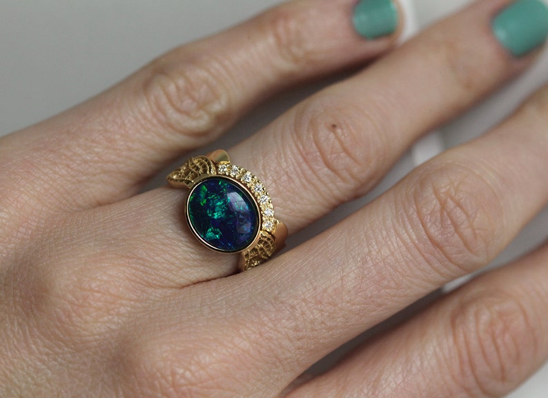 Black Opal Ring Set, Black Opal Engagement Ring, Opal Wedding Ring Set for Her, Lace Ring image 2