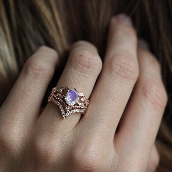 Art Deco Regenbogen Mondstein Verlobungsring Set: 14k Gold Diamant Vintage Style