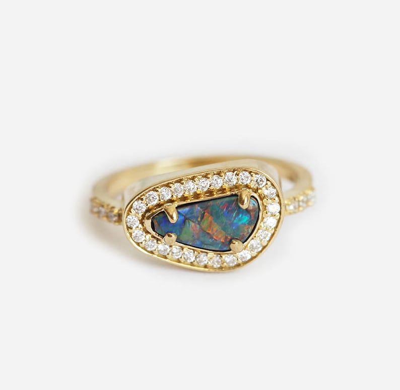 Asymmetrical Australian Black Opal and Diamond Halo Ring in 18k Solid Yellow Gold, One of a Kind Ring with a Bezel Setting image 4