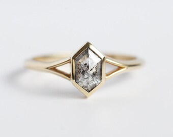 Hexagon Salt and Pepper Diamond Engagement Ring: 14k Gold Split Shank