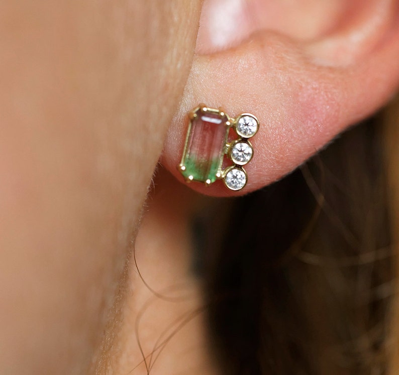 Watermelon tourmaline earrings, Diamond stud, Green & pink earring, Unique baguette studs image 1