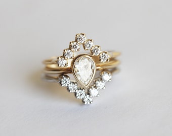 Half Carat Pear Diamond Ring Set in 14k or 18k Solid Gold with a Pear Solitaire and Two V Shaped Matching Bands, GIA
