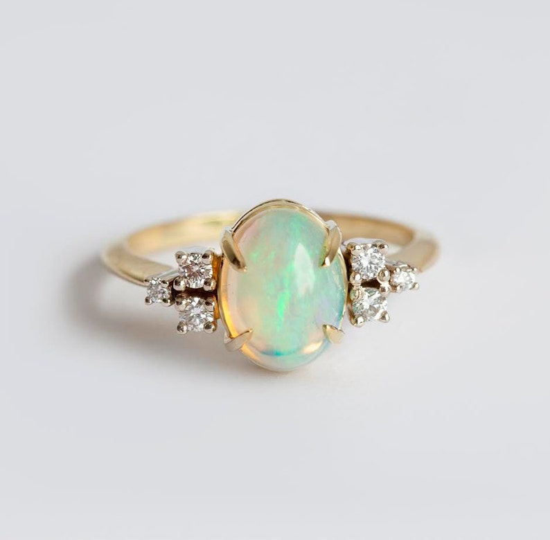 Oval Opal Ring, Opal Ring With Diamonds, Opal Diamond Ring, Diamond Engagement Ring with Opal, Mixed Metals Engagement Ring image 5