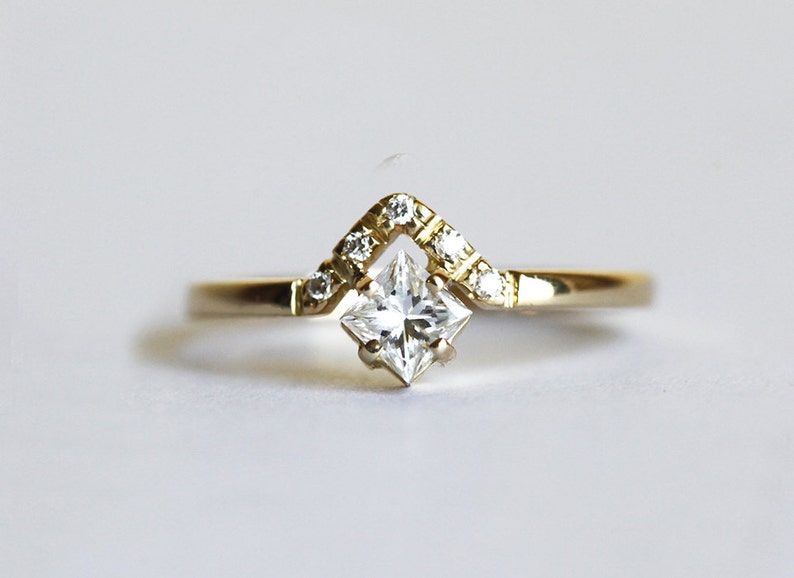 Princess Cut Engagement Ring with Pave Diamond Crown, Modern Minimalist Engagement Ring with Square Diamond image 4