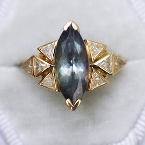 Art deco Tanzanite Engagement ring, Tanzanite diamond ring, Unique trillion diamond ring image 5