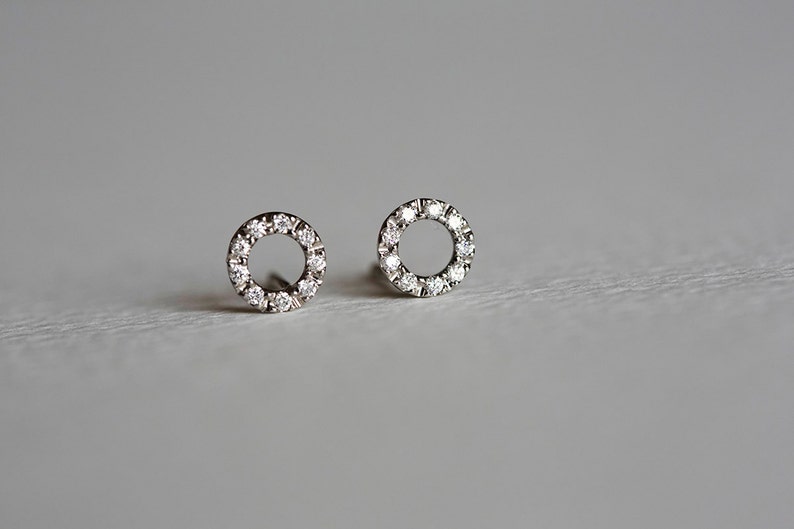 Diamond Circle Earrings, Simple Halo Studs, Delicate & Dainty Studs, Modern Everyday Earrings by capucinne image 4