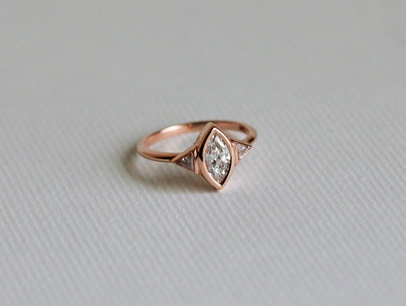 Rose Gold Diamond Engagement Ring, Three Stone Engagement Ring, Marquise Diamond Ring, 18k Solid Gold image 3