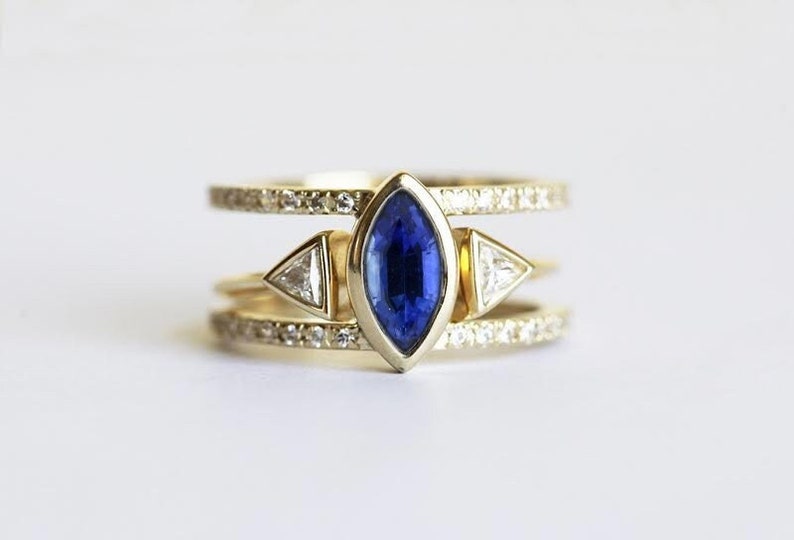 Blue Sapphire Engagement Set, Marquise Wedding Ring, Open triangle diamond band image 1