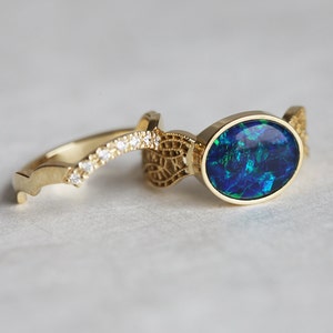 Black Opal Ring Set, Black Opal Engagement Ring, Opal Wedding Ring Set for Her, Lace Ring image 4