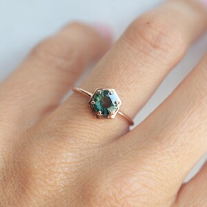 Teal Sapphire Ring, Sapphire Engagement Ring, Teal Blue Sapphire Ring, Rose Gold Sapphire Ring, Hexagong Ring, Simple Engagement Ring image 7