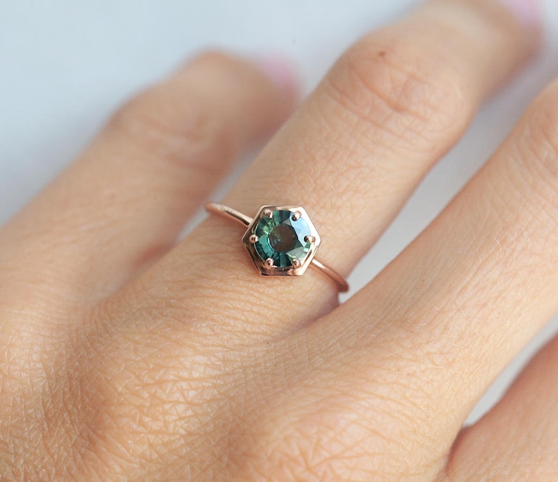 Teal Sapphire Ring, Sapphire Engagement Ring, Teal Blue Sapphire Ring, Rose Gold Sapphire Ring, Hexagong Ring, Simple Engagement Ring image 7