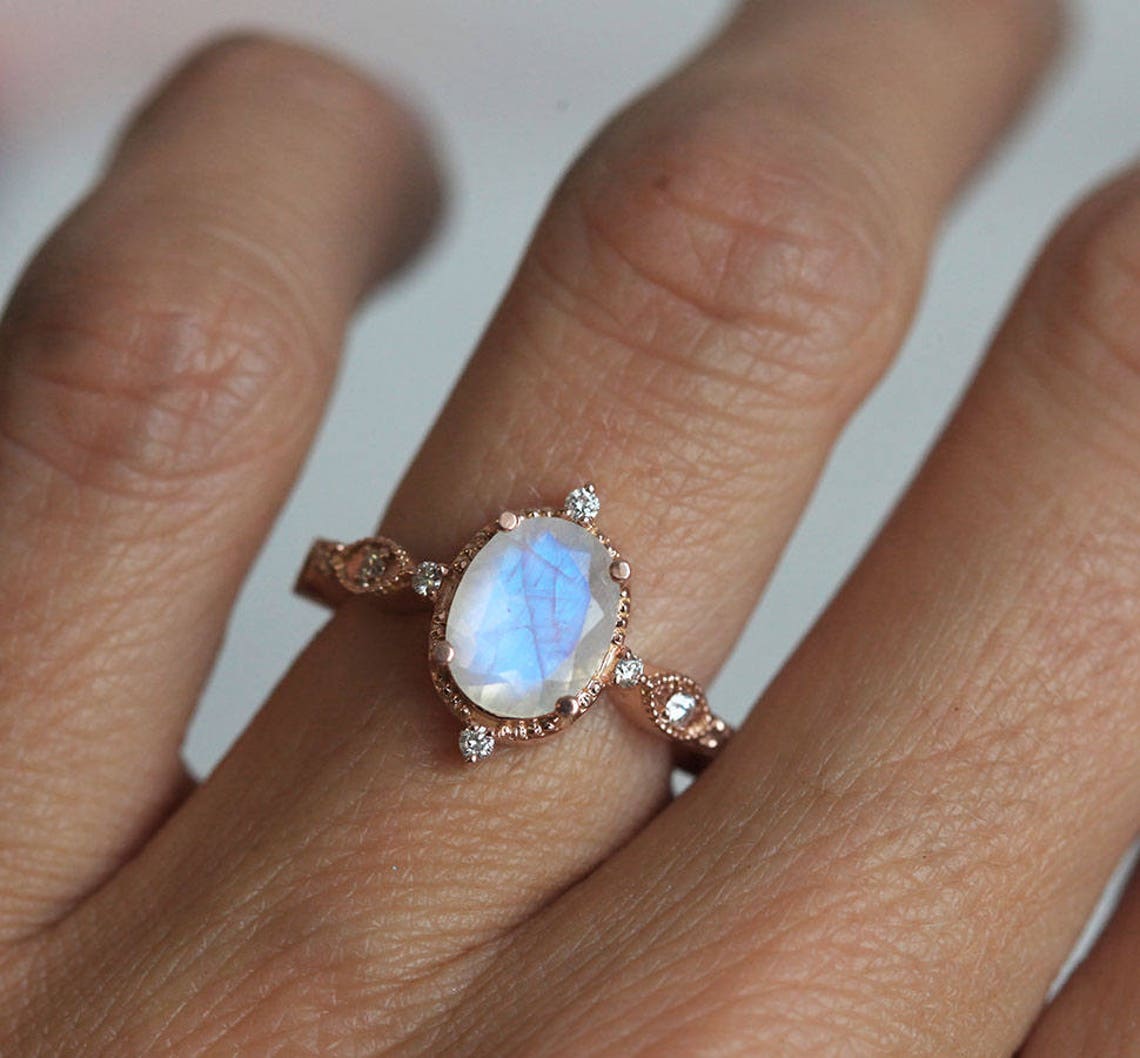 Moonstone Engagement Ring Rainbow Moonstone Ring Vintage Etsy