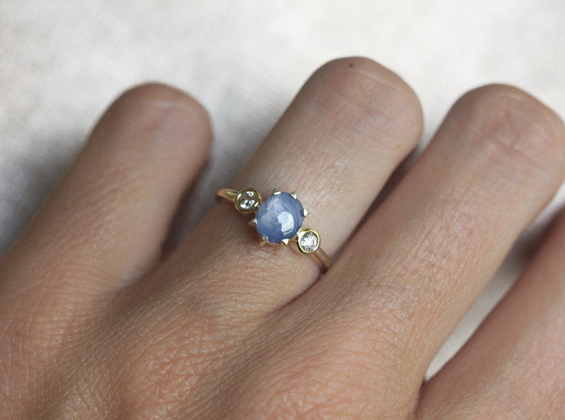 Sapphire Enagement Ring, Star Sapphire, Thee Stone Ring, Three Stone Diamond Ring, Diamond Sapphire Ring, Yellow Gold Engagement Ring image 2