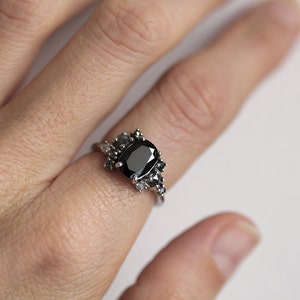 Black Diamond Ring, Black Diamond Cluster Ring, Black and Grey Diamond Ring, Grey Diamond Ring, Oval Diamond Ring, Unique Engagement Ring image 3