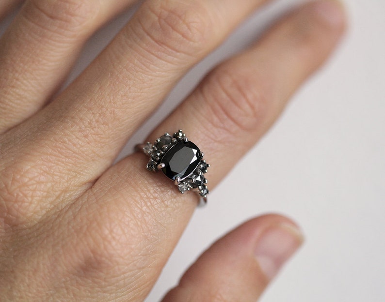 Black Diamond Ring, Black Diamond Cluster Ring, Black and Grey Diamond Ring, Grey Diamond Ring, Oval Diamond Ring, Unique Engagement Ring image 3