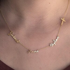 Solid Gold Name Necklace, 14k Gold Personalized Family Necklace, Name Jewelry with Sideways Cross image 4