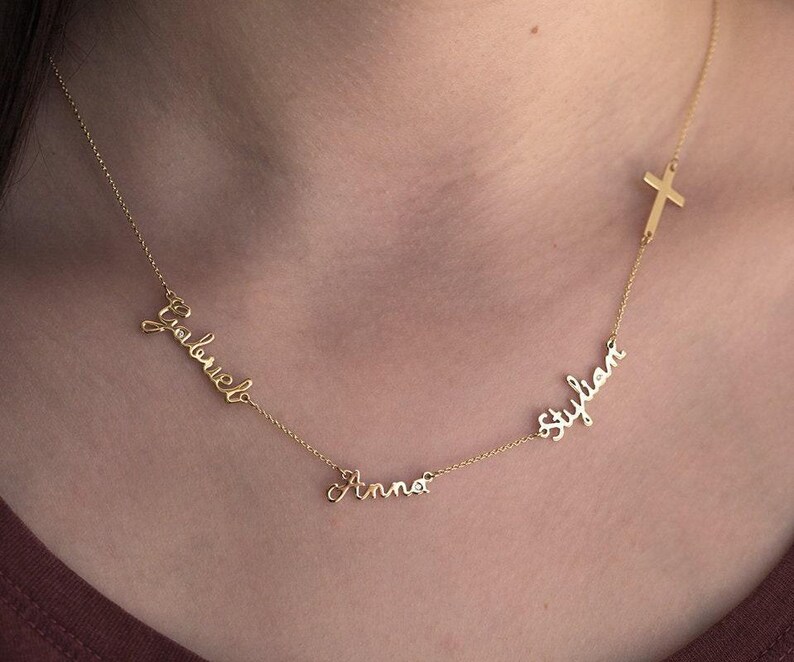 Solid Gold Name Necklace, 14k Gold Personalized Family Necklace, Name Jewelry with Sideways Cross image 4