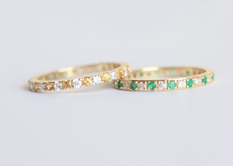 Diamond and Emerald Wedding Ring, Emerald Wedding Band, Pave Diamond Ring, Gold Emerald Ring, 18k Yellow Gold Wedding Ring image 5