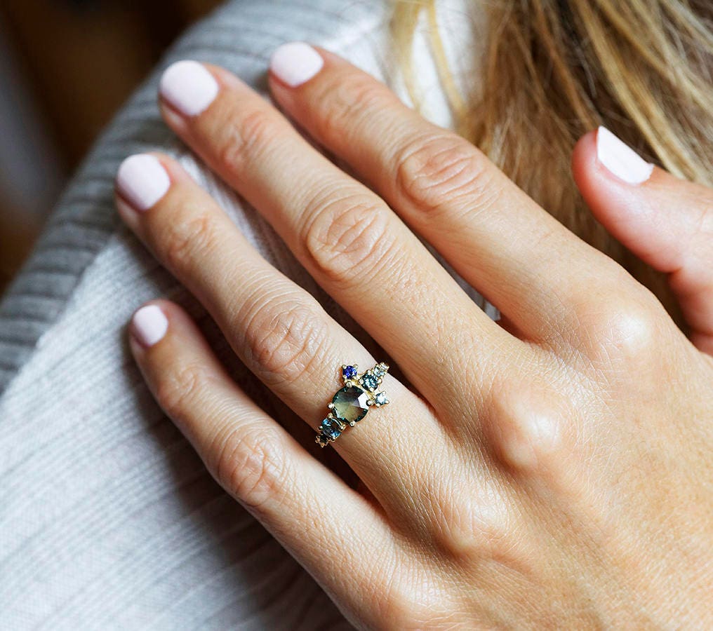 Teal Sapphire Ring Cluster Ring Bi Color Ring Rose Cut - Etsy Sweden