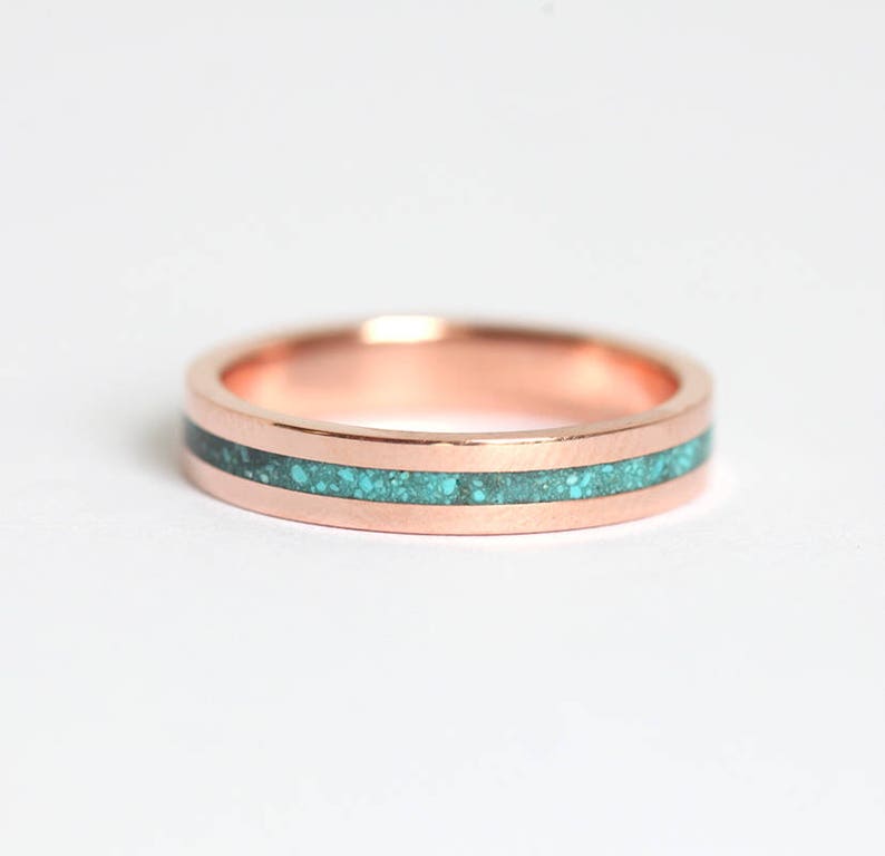 Turquoise Wedding Band Rose Gold Inlay Ring Mens Engagement Etsy
