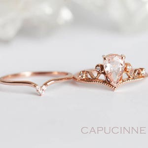 Morganite Ring, Vintage Morganite Ring, Tiara Ring, Pear Morganite Ring, Rose Gold Engagement Ring Set, Engagement Set, Wedding Ring Set image 5