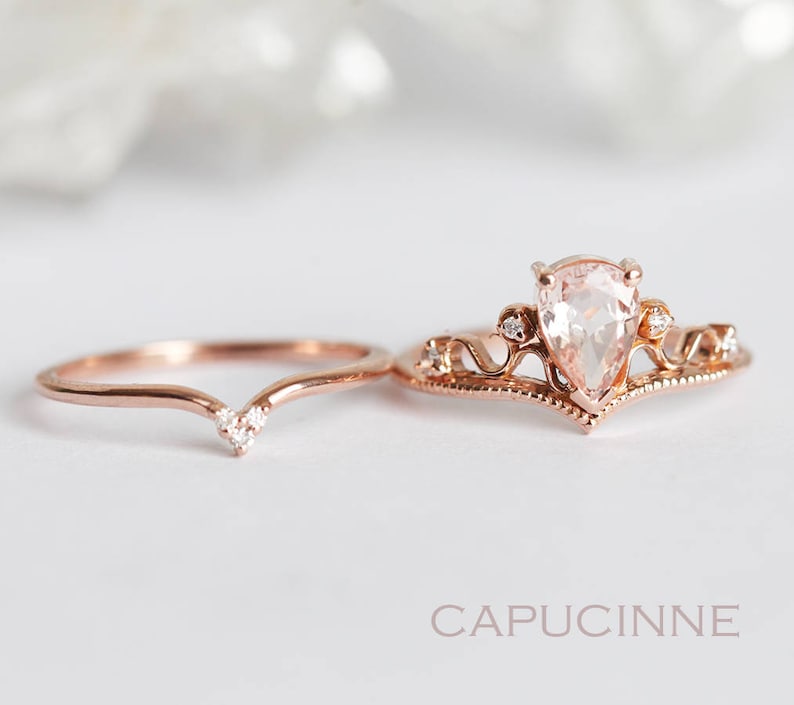 Morganite Ring, Vintage Morganite Ring, Tiara Ring, Pear Morganite Ring, Rose Gold Engagement Ring Set, Engagement Set, Wedding Ring Set image 5