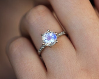 Moonstone engagement ring, Rainbow moonstone & diamond ring, Round solitaire, Pave wedding ring