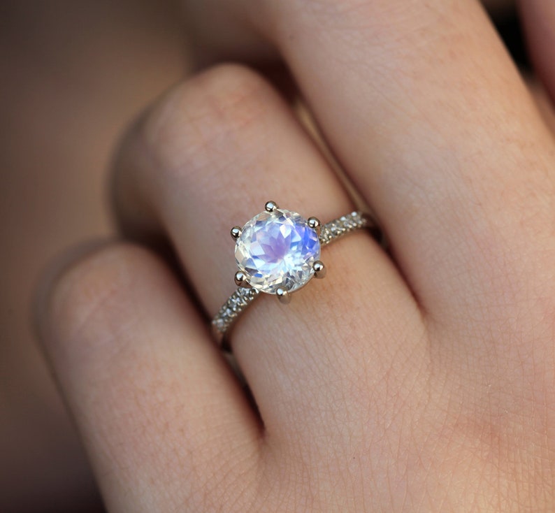 Moonstone engagement ring, Rainbow moonstone & diamond ring, Round solitaire, Pave wedding ring image 1